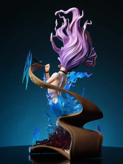 Rear view of the Utopia Studio Takako Uro bust statue displaying the sculpted lilac hair and the textured brown back of the spiraling scroll base.