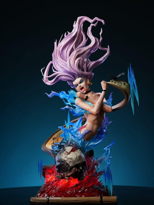 Full front view of the Takako Uro 1/4 bust statue against a dark background featuring red lighting illuminated inside the translucent base effects.