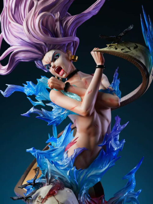 Close-up of the Takako Uro bust statue highlighting her shouting face, crossed arms, sculpted torso with battle marks, and surrounding blue translucent effects.