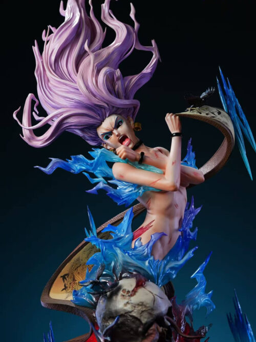 Three-quarter view of the Takako Uro bust statue showing her rising lilac hair, gripped scroll panel with a perched black bird, and glowing red base.
