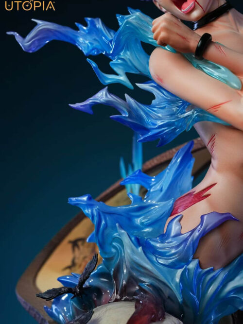 Close-up of the translucent blue flame-like effect parts swirling around Takako Uro's waist and torso above the painted scroll and black birds.
