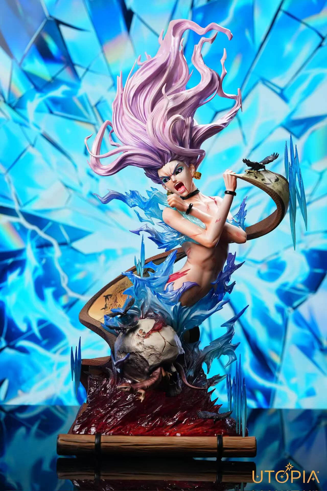 Takako Uro 1/4 Bust Scene Statue Front View with Blue Backdrop Front view of the Utopia Studio Takako Uro 1/4 scale bust scene statue with upward-flowing lilac hair, blue translucent effect parts, and scroll base against a shattered blue backdrop.