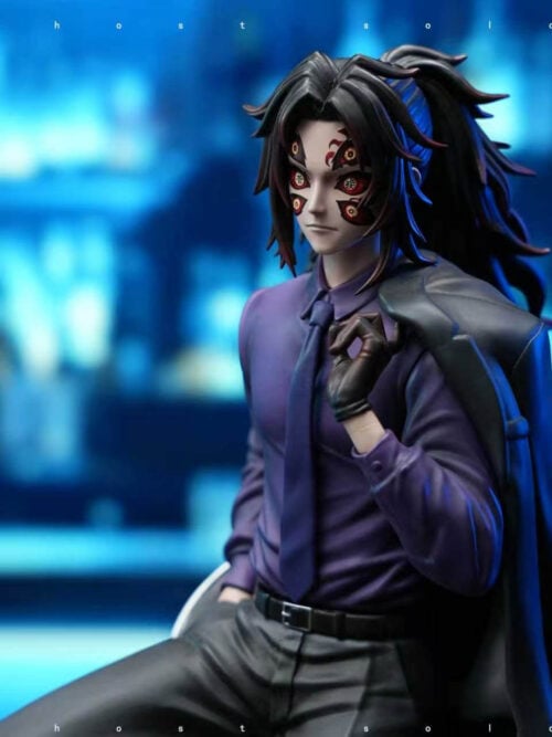 Upper-body view of the Kokushibo Demon Slayer Suit Series statue featuring the interchangeable six-eyed Upper Moon demon head sculpt, purple shirt, dark tie, and draped black suit jacket.