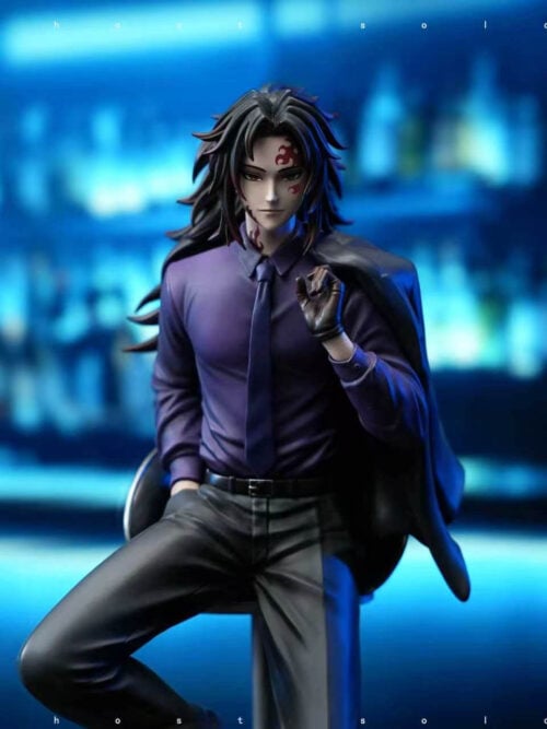cfs004772 03 Front three-quarter view of the DS Studio and SUPERHERO Studio Kokushibo Demon Slayer Suit Series statue with the two-eyed marked head sculpt, wearing a purple shirt, dark tie, and holding a black suit jacket over his shoulder.