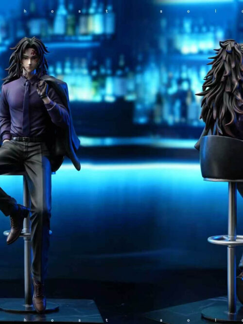 Side-by-side full-body front and rear views of the Kokushibo Demon Slayer Suit Series statue sitting on a bar stool with a square base, showing his long spiky hair, purple shirt, black trousers, and draped suit jacket.