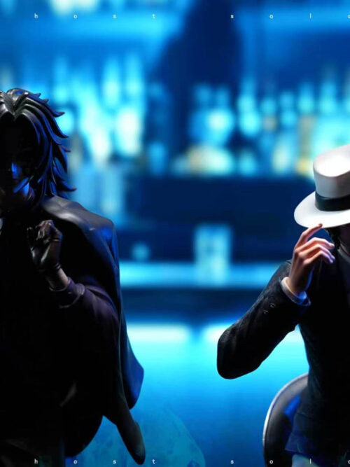 Dramatically lit upper-body view of the Kokushibo statue in shadow alongside the Muzan Kibutsuji Suit Series statue wearing a white fedora against a blue bar backdrop.