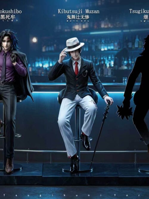 Demon Slayer Suit Series lineup showing the full-body Kokushibo statue on the left, Kibutsuji Muzan in the center, and a silhouetted Tsugikuni Yoriichi teaser on the right.