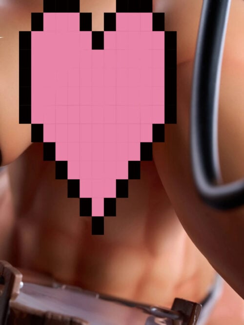 Tight close-up of the statue's torso, black strap, and curved tail, with a large pixelated heart covering the center and the edge of a wooden bucket below.