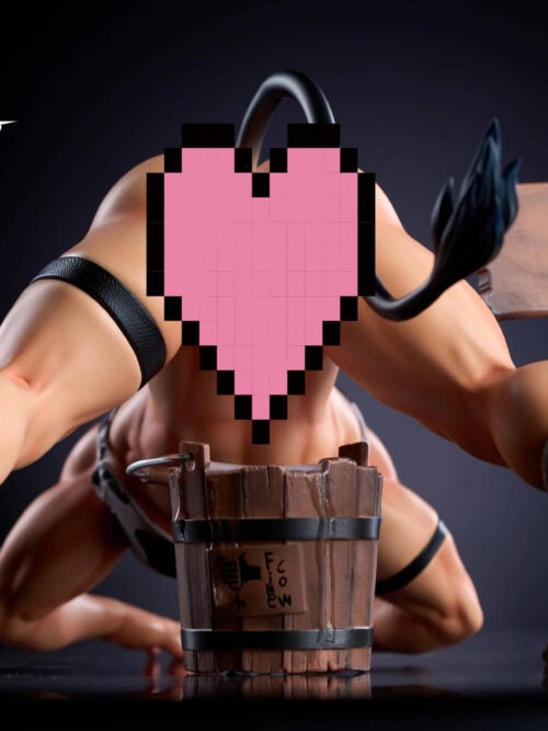 Rear view of the statue on hands and knees, with a banded wooden bucket beneath the torso, a wooden signpost, a white sock on a rocky base, and a pixelated heart covering part of the figure.