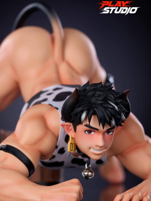 Close-up of the statue's face and upper body, showing black hair and horns, red eyes, a pointed ear with a yellow 01 tag, a cow-print top, a collar bell, and both hands on the reflective surface.