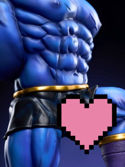 Close-up of the blue abdomen, black shorts with a gold waistband, and a purple wrapped forearm with a gold band, with part of a weapon shaft at the left. A pink pixelated heart covers the center.
