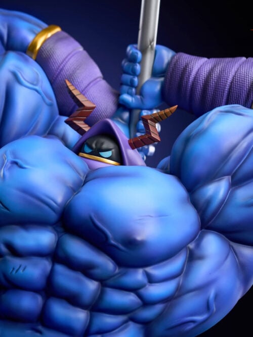 Low-angle close-up of the raised blue arms gripping a silver shaft, with purple wraps and gold bands. The horned purple hood and light-blue eyes are framed between the pectorals.