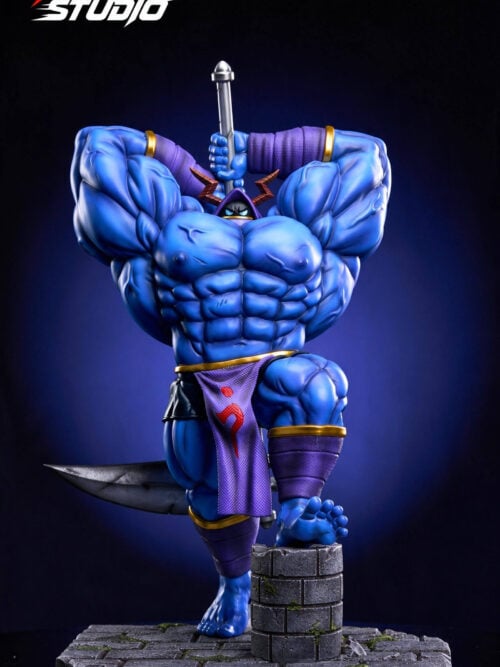 cfs004775 07 Front studio view of the blue Physis statue on a moss-flecked stone base. Both wrapped arms are raised behind the head around a vertical silver shaft, a purple hood with brown lightning-shaped horns sits between the shoulders, and one bare foot rests on a stone pillar while a dark weapon edge extends to the left.