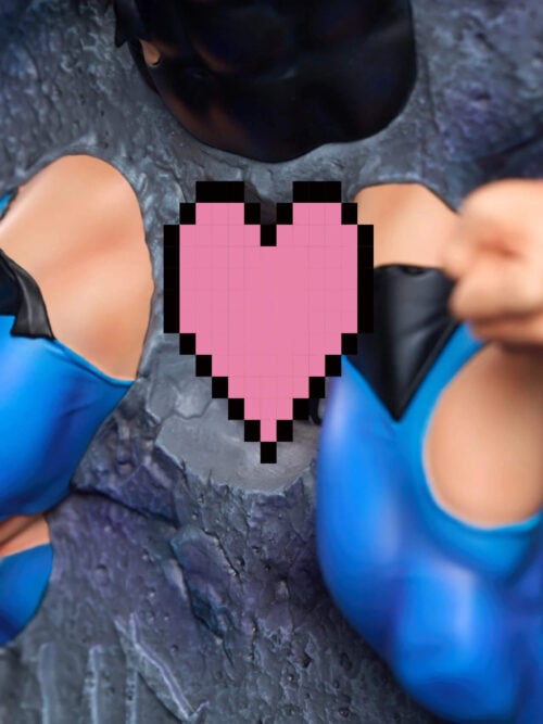 Close-up of both blue-clad thighs emerging from cracked gray stone, with gray stone hands gripping the legs and a clenched fist at the right. A large pink pixel heart covers the center.