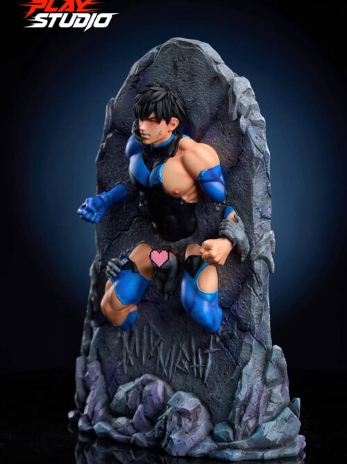 Side view of the statue emerging from the stone slab, with a small cheek mark, blue arm pieces, and a stone hand at one forearm. MIDNIGHT is carved near the rocky base, and a pink pixel heart covers the pelvis.
