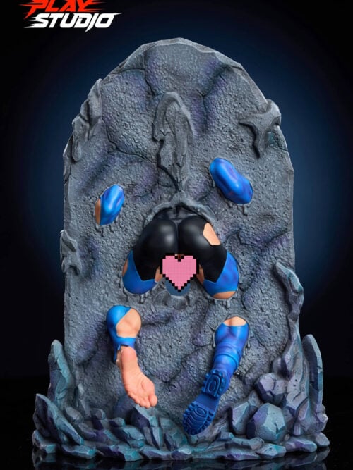 Rear view of the stone slab, with the figure’s black-and-blue lower back and hips through a central opening, blue leg sections above, and a bare foot and blue boot sole below. A pink pixel heart covers the center.