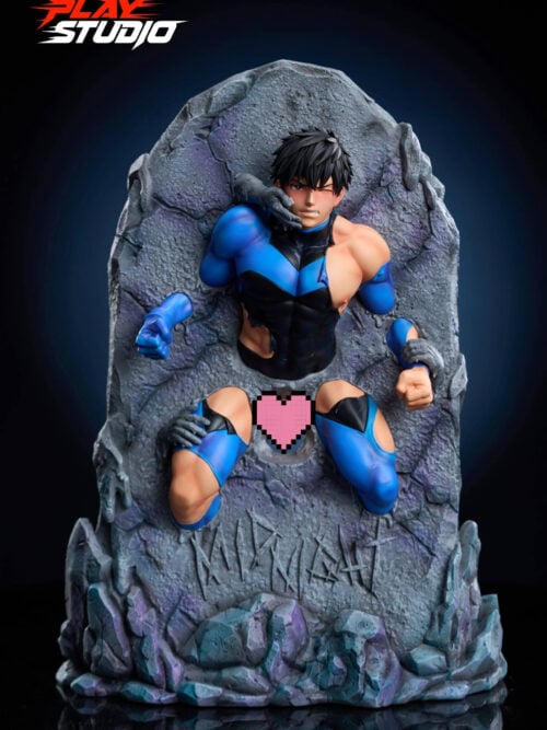 cfs004776 08 Front studio view of the Midnight statue: a black-haired figure in a torn blue-and-black suit emerges from a gray stone slab, winking with a stone hand across his cheek. Gloved fists and stone hands project from the rock, a pink pixel heart covers the pelvis, and MIDNIGHT is carved above the rocky base.