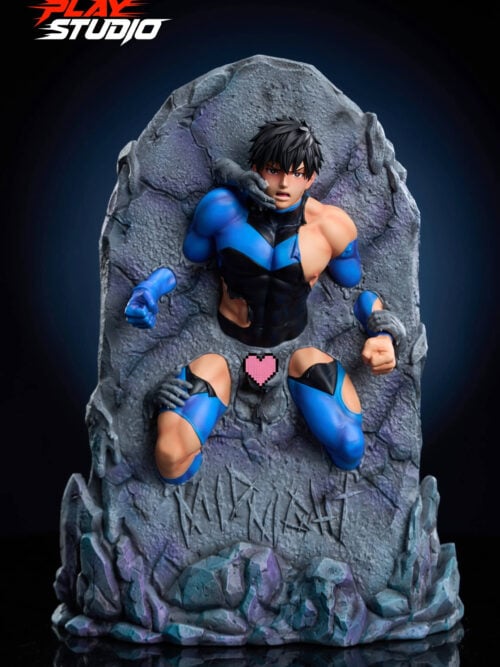 Front view of the statue in the stone slab with mouth open and a stone hand across the cheek, wearing a torn blue-and-black suit. Fists and stone hands emerge at the sides, a small pink pixel heart covers the pelvis, and MIDNIGHT is carved below.