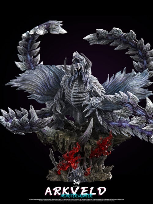 Front view of the S6 Studio Arkveld statue from Monster Hunter Wilds rearing on a rocky base with red flame effects and spread chain blades against a black background.