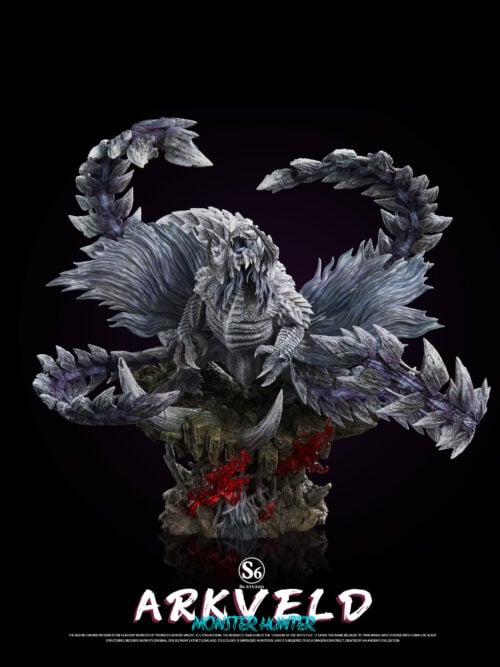 Full front portrait view of the S6 Studio Arkveld resin statue roaring with clawed forelimbs raised and segmented chain blades curving overhead.