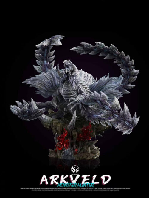 Front-right three-quarter view of the S6 Studio Arkveld statue displaying the extended chain blades and textured scales on a craggy rock base.