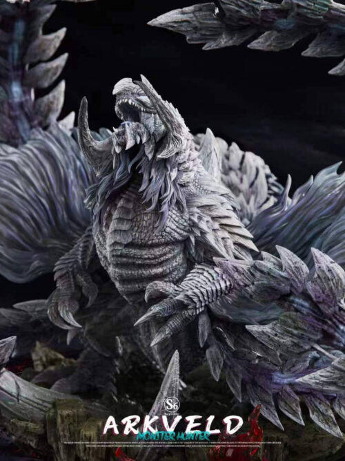Medium close-up of the Arkveld statue focusing on the open horned jaws, scaled chest, raised claws, and surrounding chain blade segments.