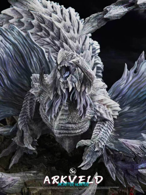 High-angle close-up of the S6 Studio Arkveld statue highlighting the roaring face, teeth, fur-like neck tendrils, and spread wing membranes.