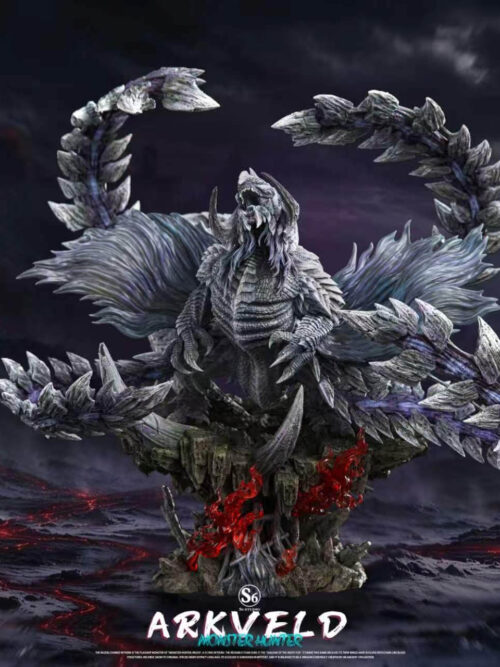 Wide promotional image of the S6 Studio Arkveld statue composited against a dark volcanic landscape background.