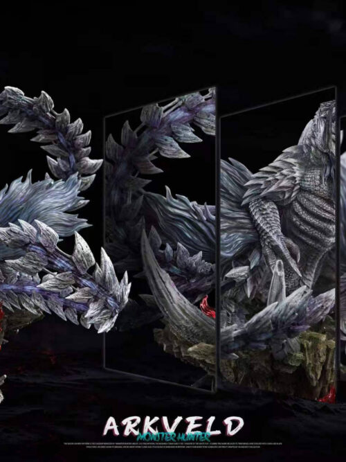 Promotional collage showing the full Arkveld statue alongside three vertical close-up panels of the chain blades, scaled torso, and roaring head.