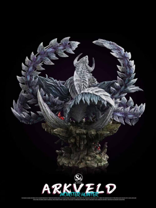 Rear view of the S6 Studio Arkveld statue showing the layered dorsal scales, tail, curved rock spikes on the base, and back side of the chain blades.
