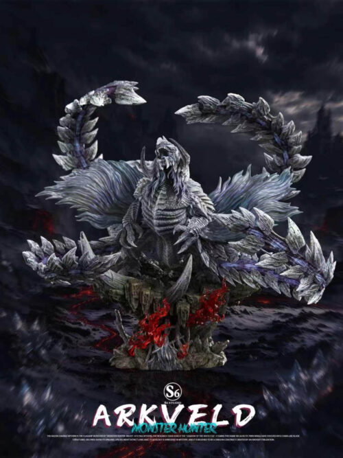 Portrait promotional image of the S6 Studio Arkveld statue with spread chain blades set against a dark smoky landscape background.