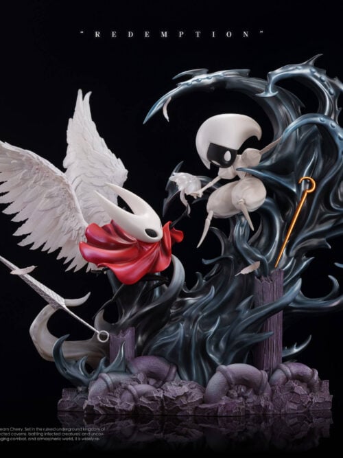 Front view of the Hornet and Lace Redemption statue against a black background with the LED lighting turned off, showing Hornet, Lace, the patterned needle, and the golden pin on the base.