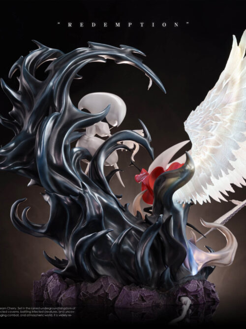 Rear view of the Hornet and Lace Redemption statue showing the back of the dark swirling tendrils, illuminated white wings, purple rock base, and power cord.