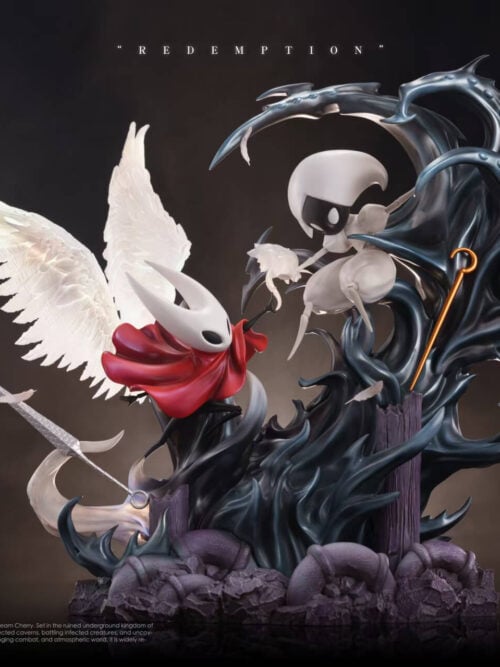 Front view of the Hornet and Lace Redemption statue by 27abyss Studio showing Hornet with illuminated white feathered wings reaching toward Lace on a dark tendril and purple rock base.