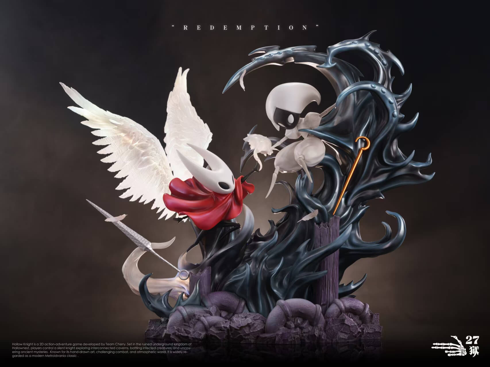 Hornet & Lace Redemption Statue Front View Lit Front view of the Hornet and Lace Redemption statue by 27abyss Studio showing Hornet with illuminated white feathered wings reaching toward Lace on a dark tendril and purple rock base.
