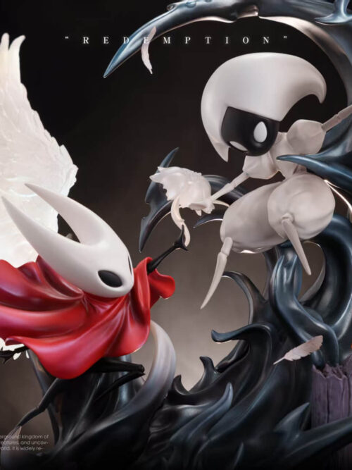 Medium shot of the Hornet and Lace Redemption statue focusing on Hornet in her red cloak with lit white wings reaching toward Lace holding a white blossom among dark tendrils.