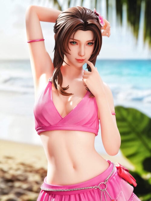 Upper-body view of the FancyArt Studio Aerith Gainsborough statue in a pink swimsuit and star-charm chain belt posed against a beach backdrop.
