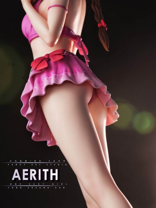 Side and rear close-up of the Aerith Gainsborough statue showing the pink ruffled bikini skirt with a red bow, tied bikini top, and braided hair.