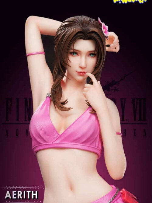 Upper-body view of the Aerith Gainsborough 1/4 scale statue showing her head sculpt, pink flower hair accessory, raised right arm, and pink ribbed bikini top.