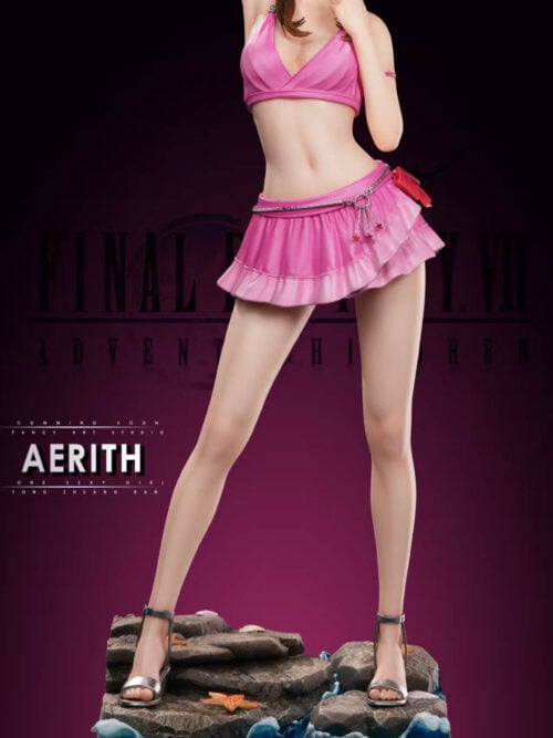Full-length front view of the FancyArt Studio Aerith Gainsborough Bikini Series Vol. 02 1/4 scale statue in a pink swimsuit and silver sandals on a rock and wave display base.