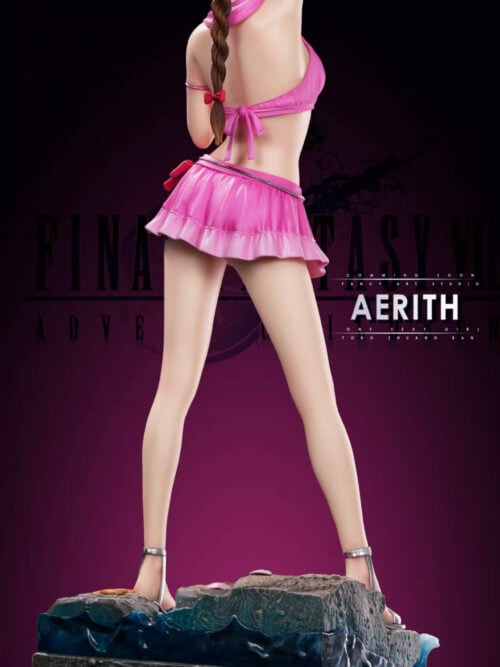 Full-length rear view of the FancyArt Studio Aerith Gainsborough 1/4 scale statue showing her braided hair with red ribbons, pink swimsuit, and rock and wave base.