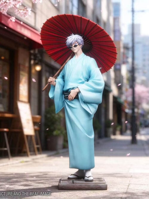 GUGU Studio and MIMO Studio Jujutsu Kaisen Adult Satoru Gojo 1/6 figure in a pale blue yukata holding a red umbrella on a square base against a cherry blossom street backdrop.
