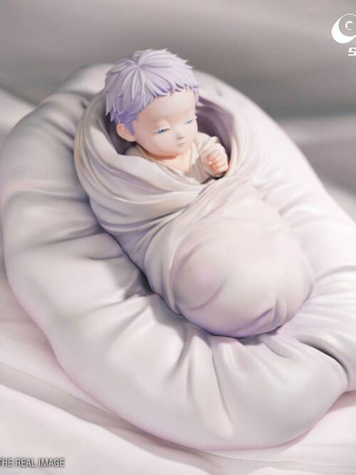 GUGU Studio and MIMO Studio Baby Satoru Gojo 1/6 figure swaddled in a white cloth resting on a white cushion base.