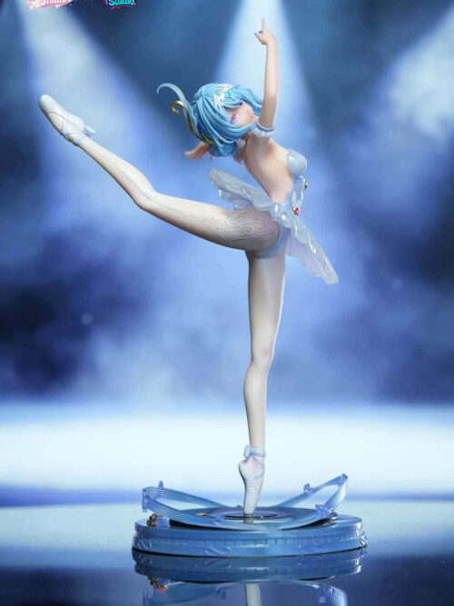 Full side view of the Odette Spessiva 1/6 scale figure from Genshin Impact by CGS Studio and Bunny Studio balanced en pointe in an arabesque pose on a circular blue musical-staff stage base.