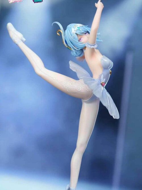 Three-quarter side view of the Odette Spessiva figure showing her raised left leg in white patterned stockings, pale blue translucent tutu, and upward-reaching right arm.