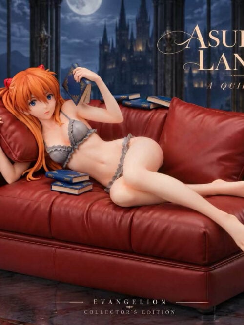 Front-angled promotional render of the JiBei Studio Asuka Langley Soryu A Quiet Moment 1/6 scale statue reclining on a red sofa base in a gray ruffled two-piece outfit while holding an open blue book.