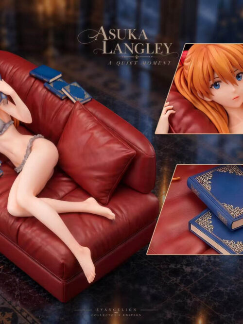 Composite image showing an overhead view of Asuka Langley Soryu on the red sofa alongside two close-up inset panels of her face and the stacked gold-trimmed blue books.