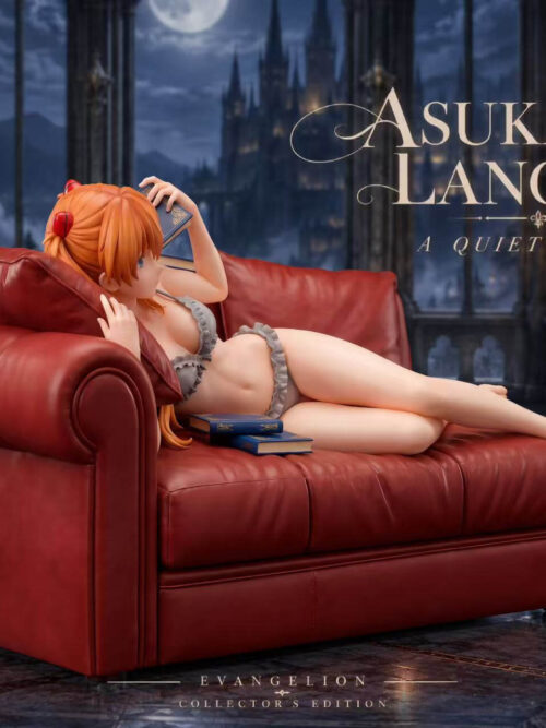 Left three-quarter side view of the JiBei Studio Asuka Langley Soryu statue reclining against the red sofa armrest and cushion with her legs extended across the seat.