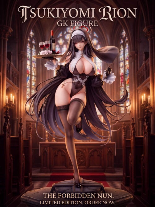 Promotional render of Baby Girl Studio Tsukatsuki Rio The Forbidden Nun statue holding a wine tray against a church backdrop