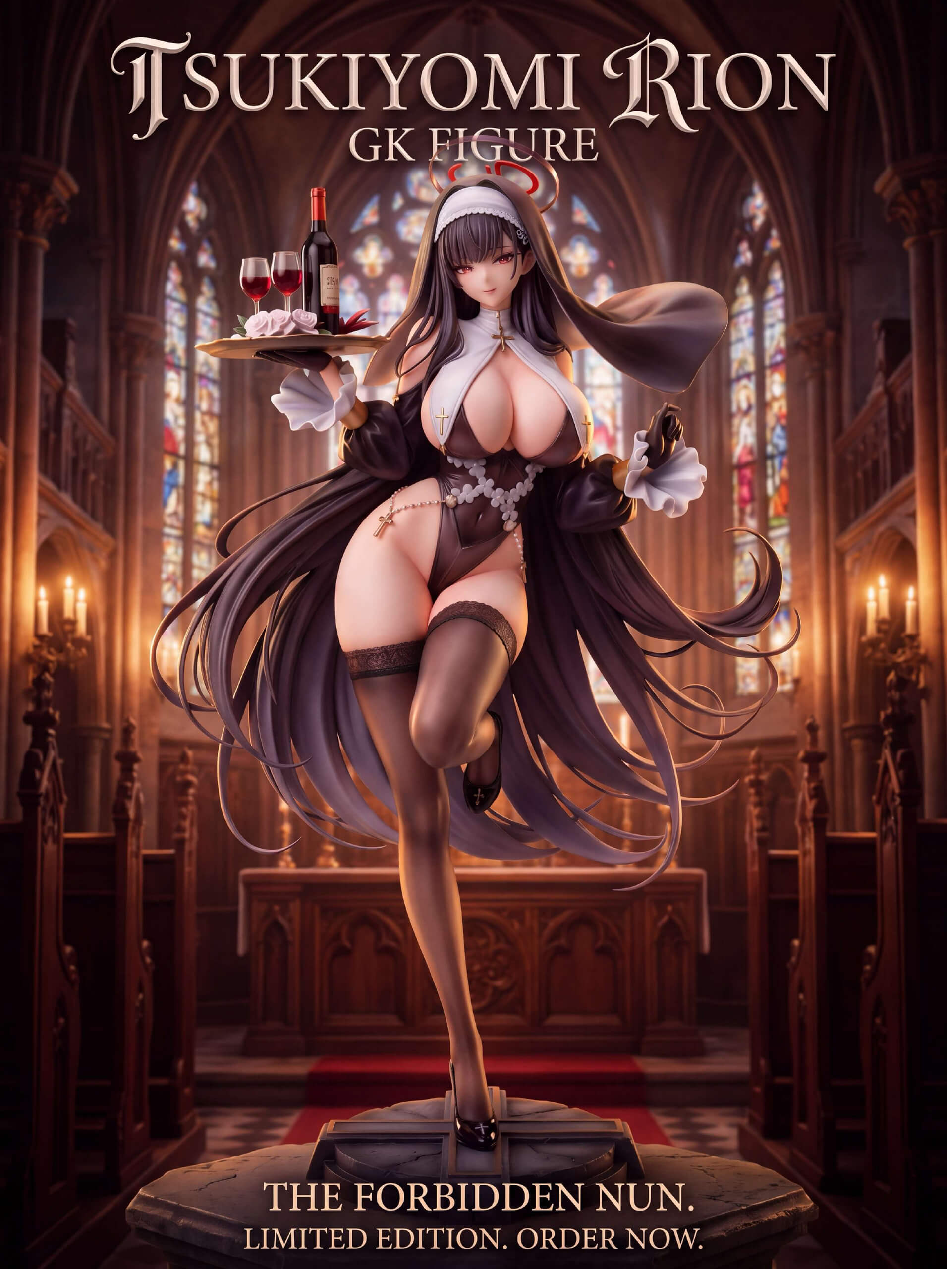 Tsukatsuki Rio The Forbidden Nun Statue Promotional Render Promotional render of Baby Girl Studio Tsukatsuki Rio The Forbidden Nun statue holding a wine tray against a church backdrop